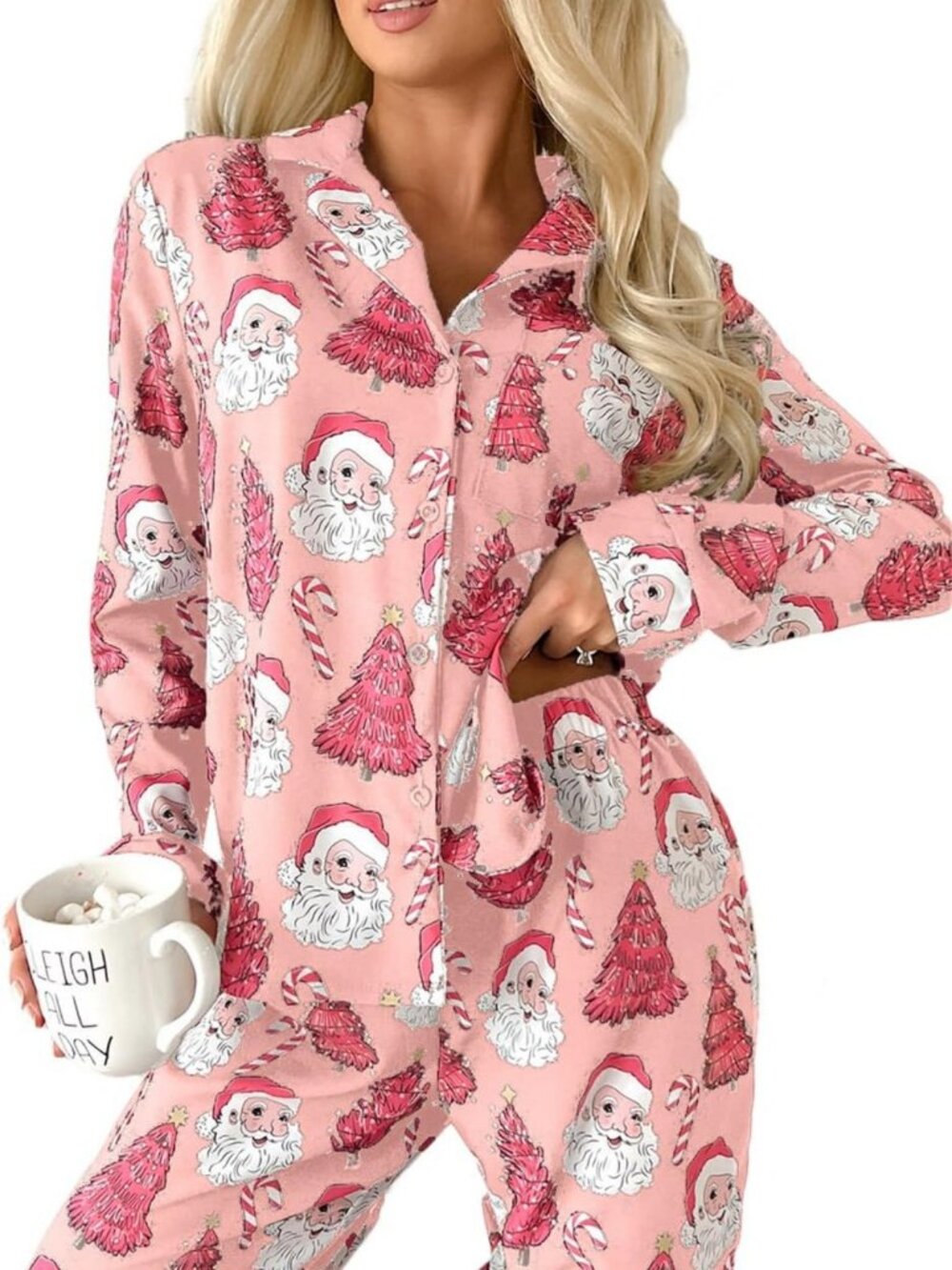 Cozy Christmas Santa Pajama Set for Women | Soft Long Sleeve Button Down PJs